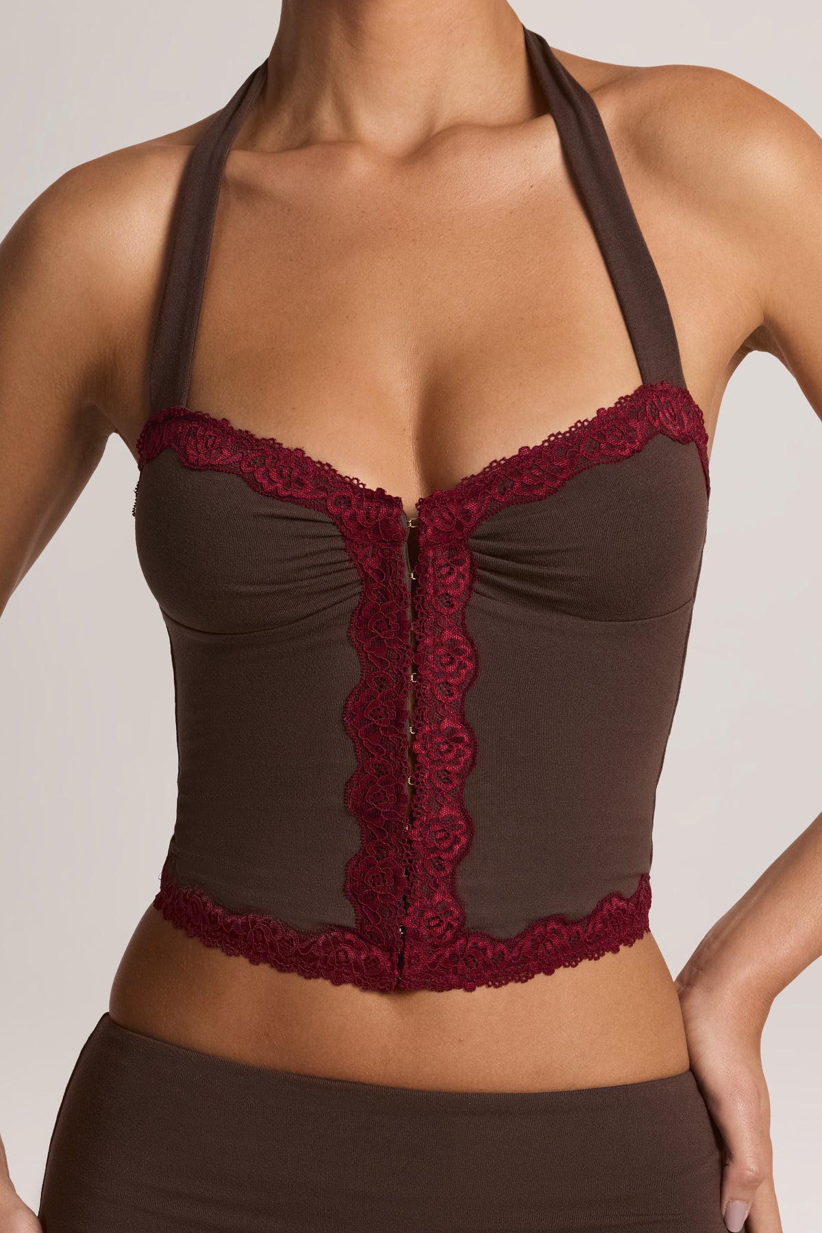 Modal Lace-Trim Halterneck Top in Chocolate Brown