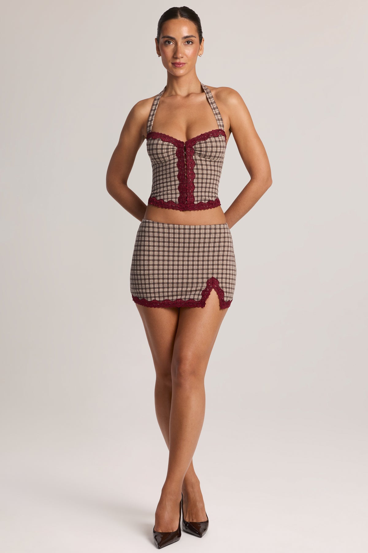Modal Lace-Trim Halterneck Top in Square Check Print
