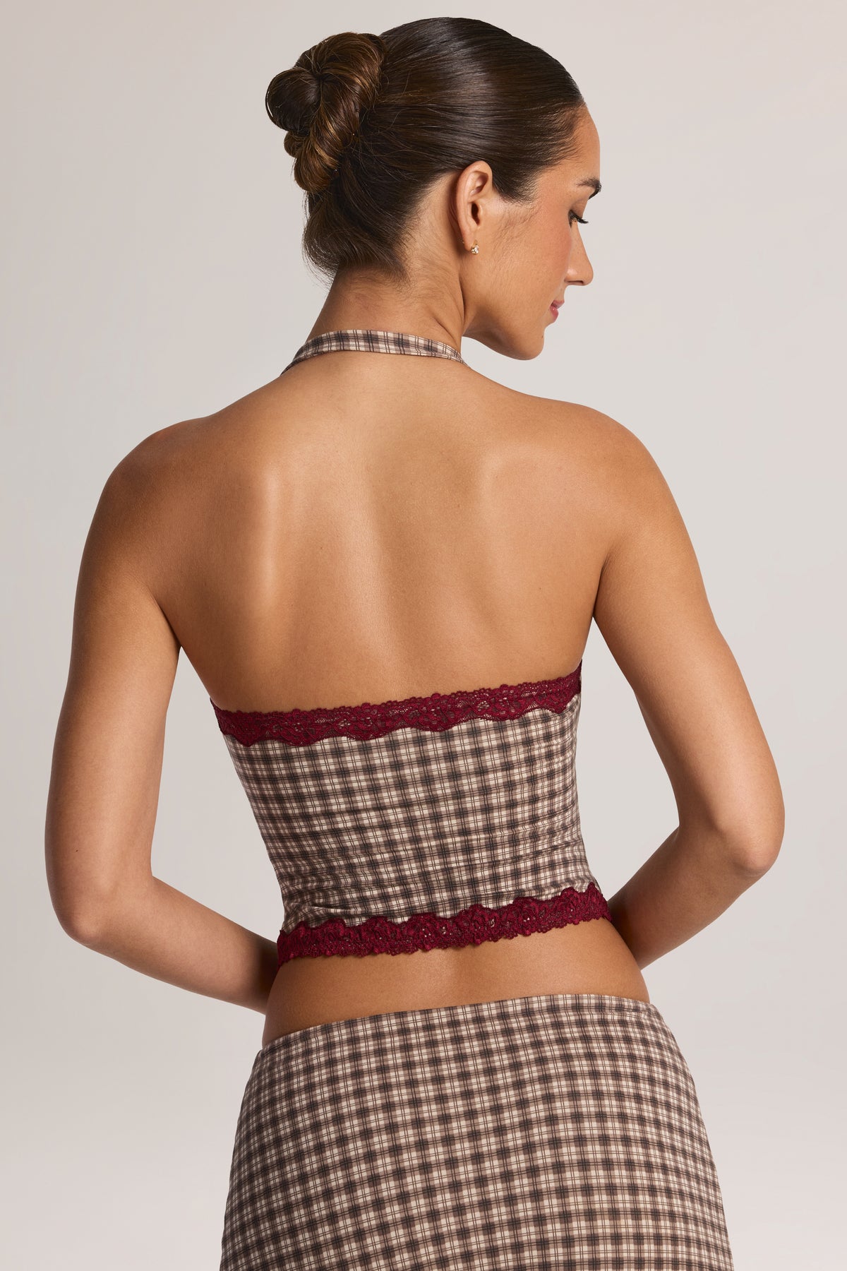 Modal Lace-Trim Halterneck Top in Square Check Print