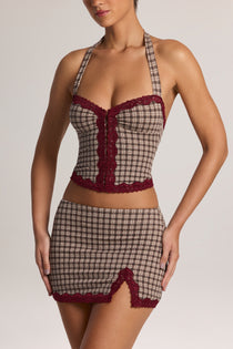 Modal Lace-Trim Halterneck Top in Square Check Print