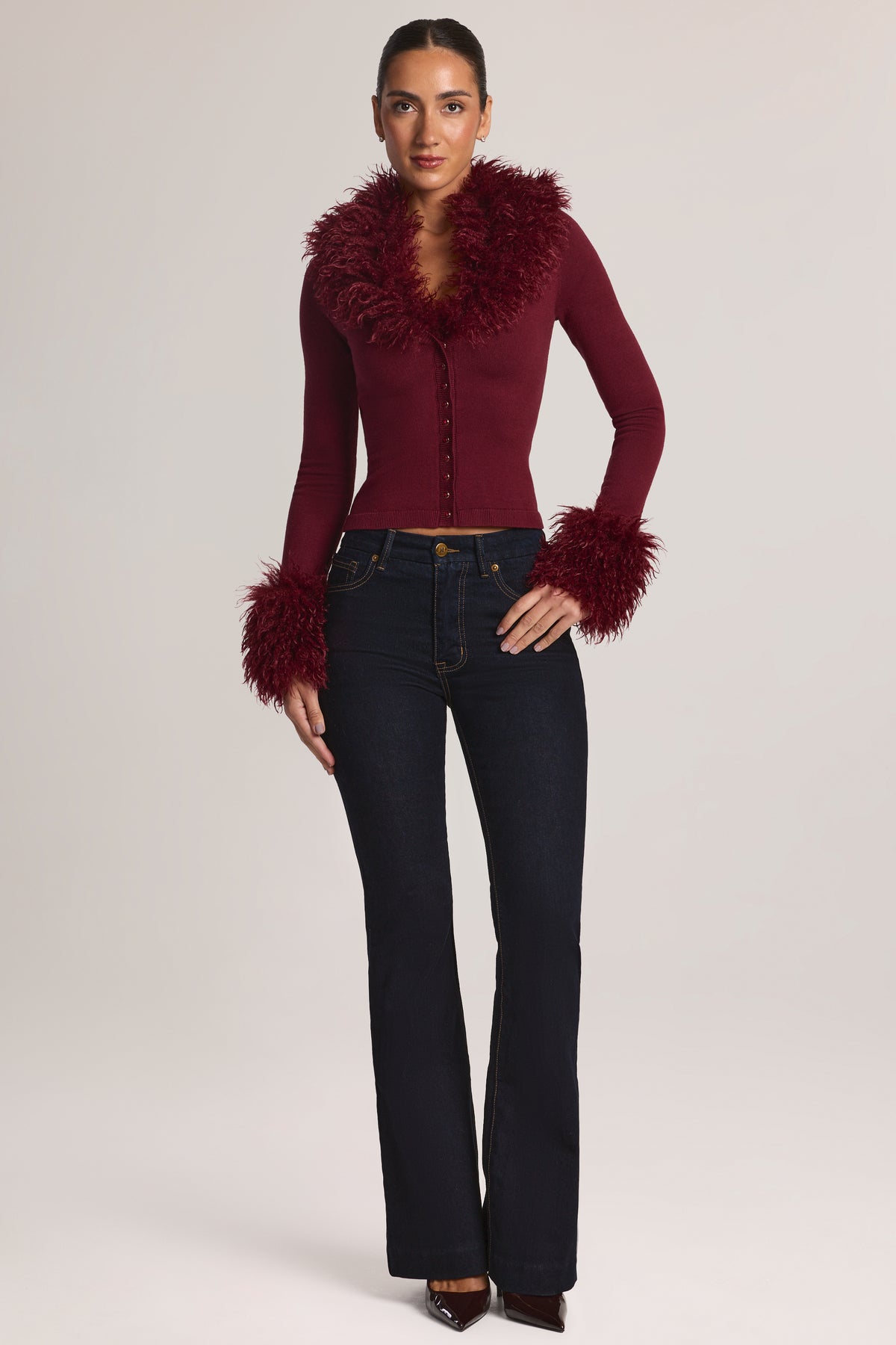 Mongolian Fur-Trim Cardigan in Wine