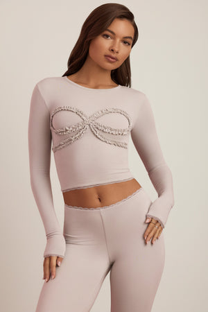 Oh Polly's Hayley wearing the Bowie Full Top in Cloud Grey Modal fabric perfect for brunch with friends