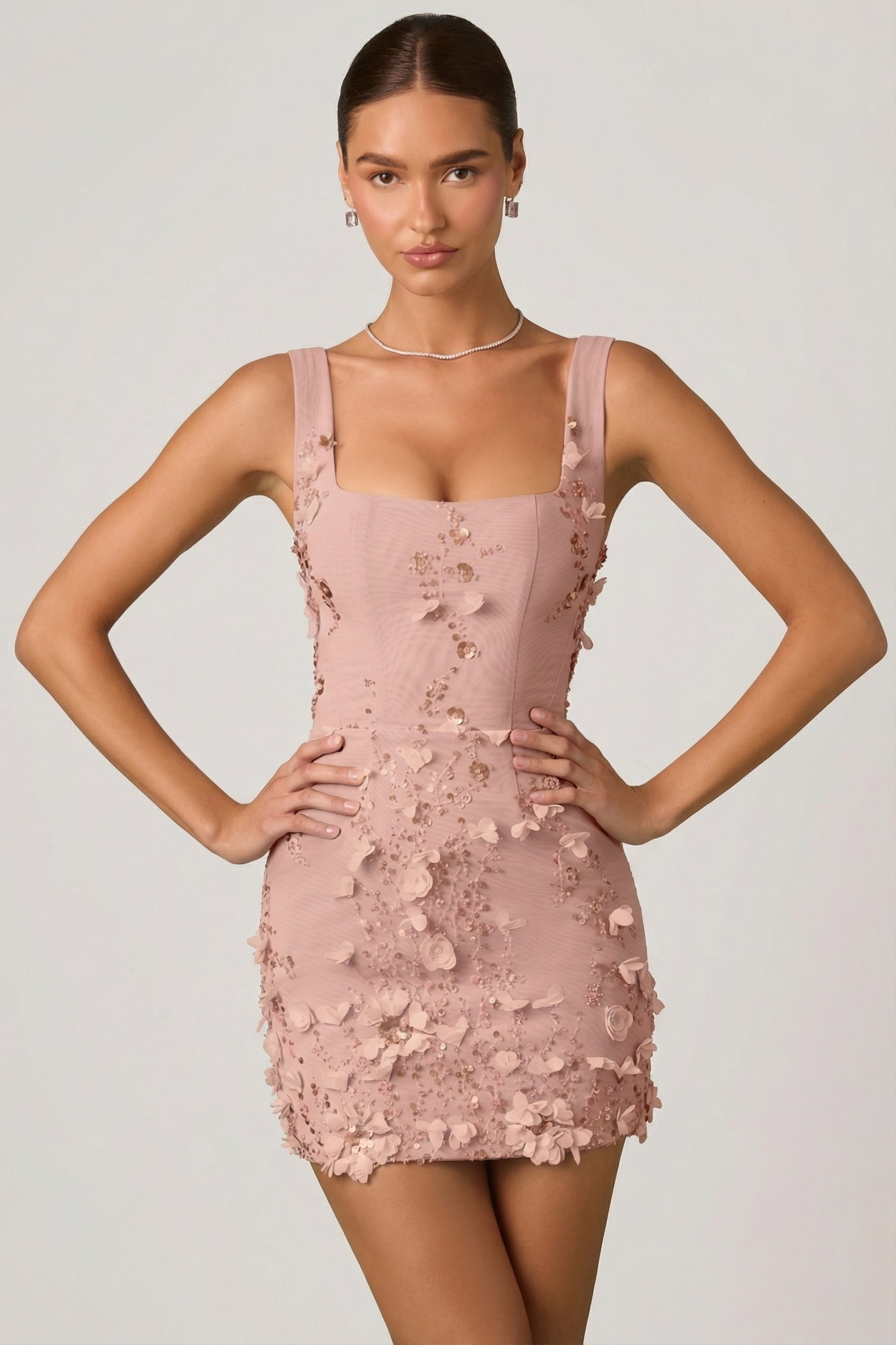 Embellished Appliqué Corset Mini Dress in Dusty Rose - 1