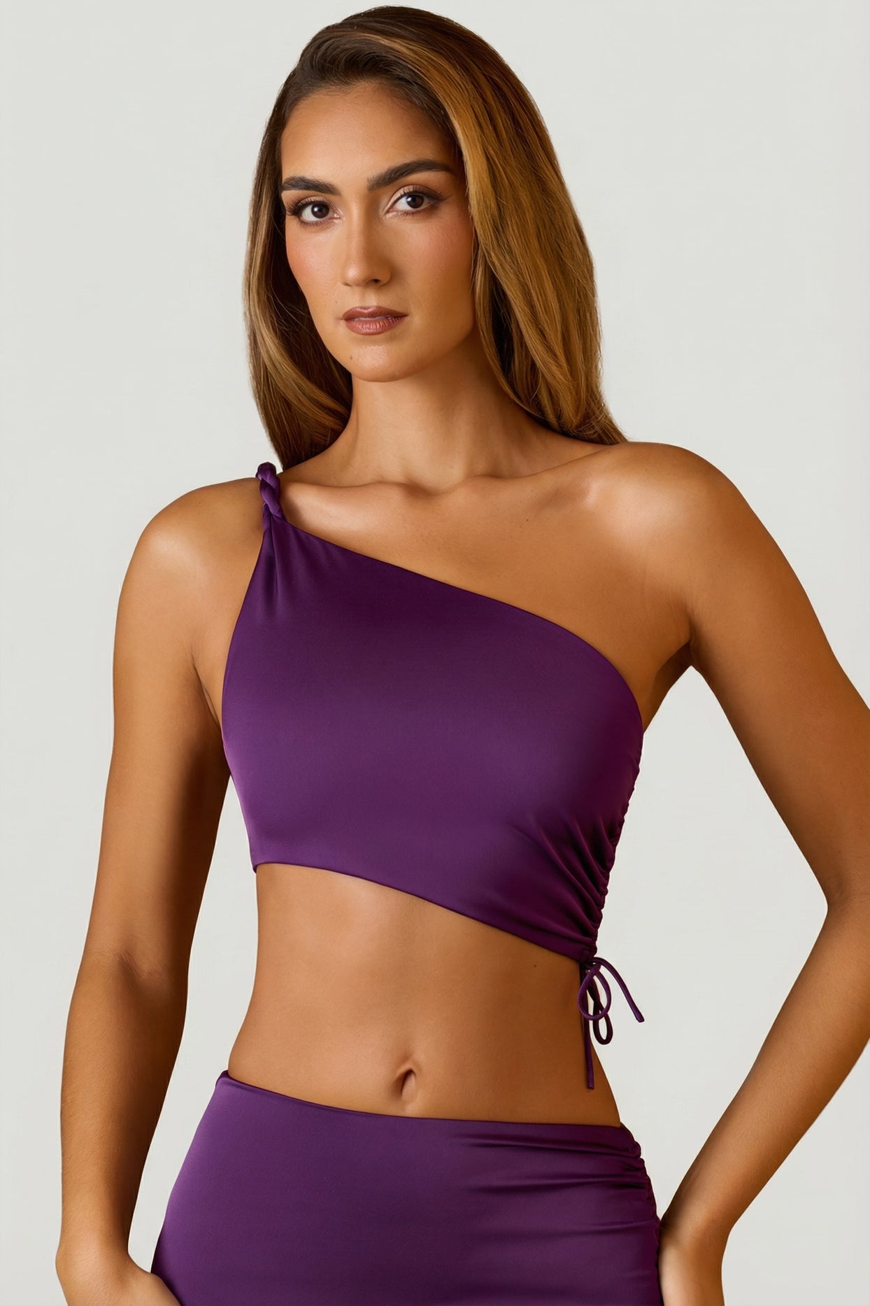 Ruched Asymmetric Crop Top in Plum - 1