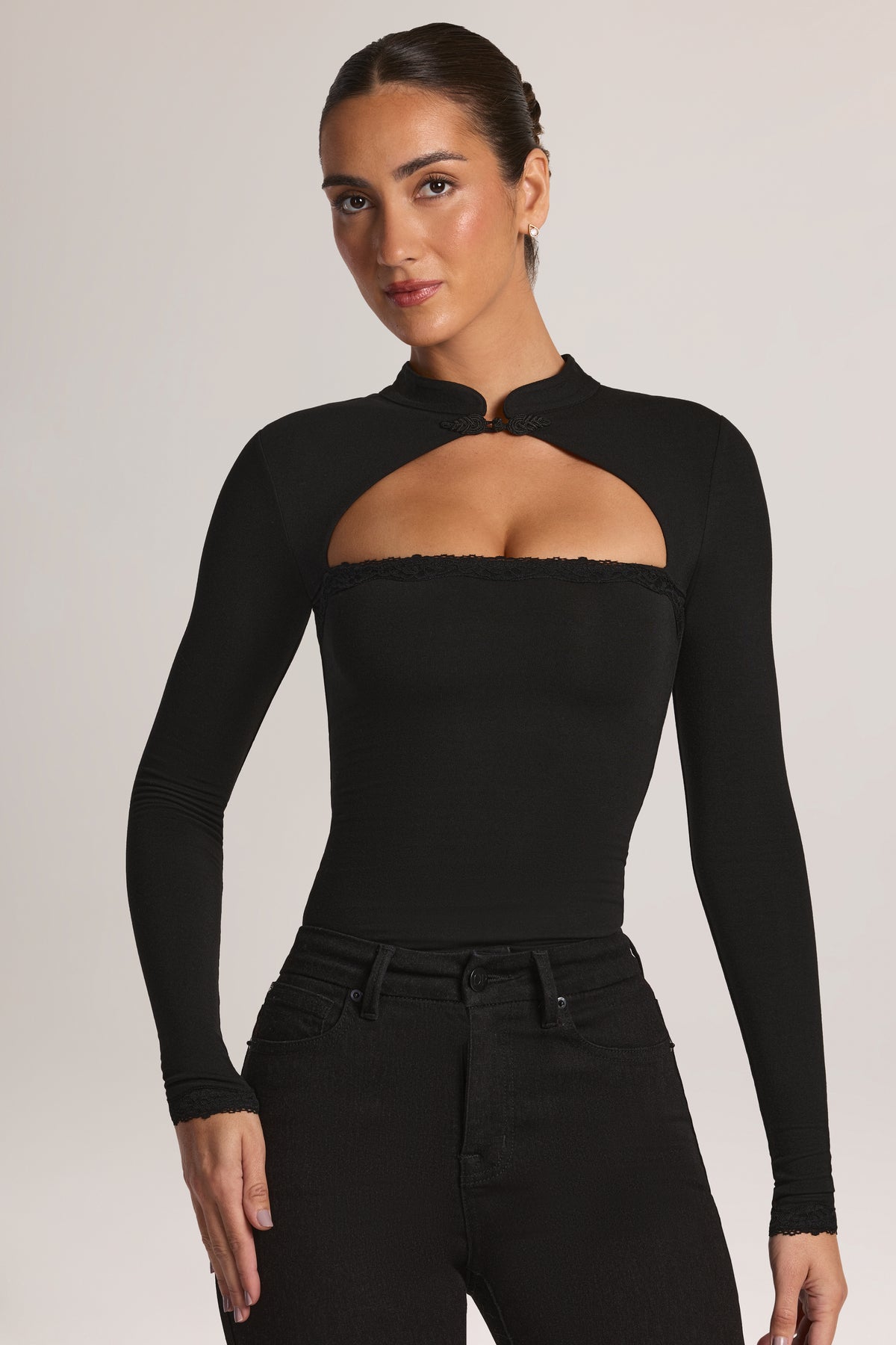 Modal Lace-Trim Long-Sleeve Top in Black
