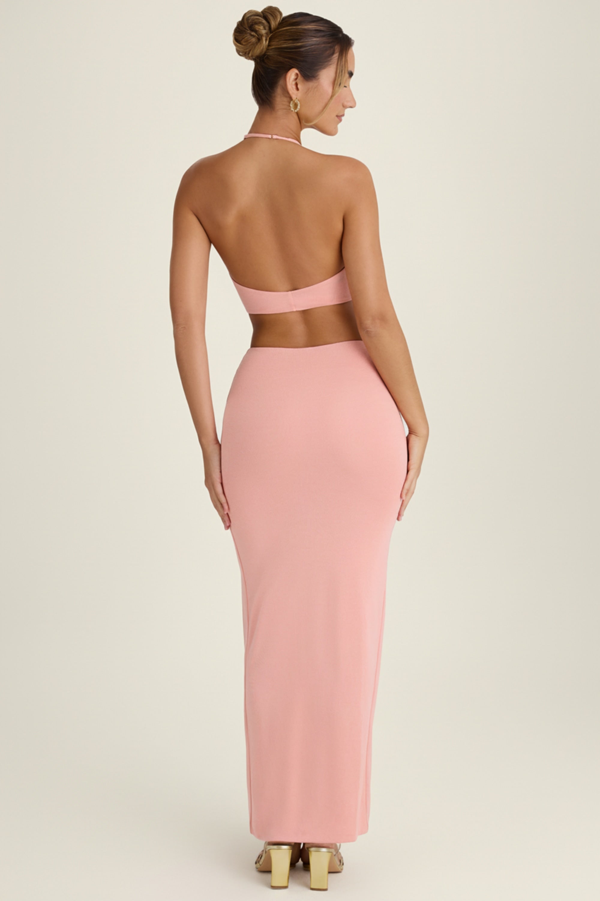 Calantha Cut-Out Halterneck Maxi Dress in Apricot Pink