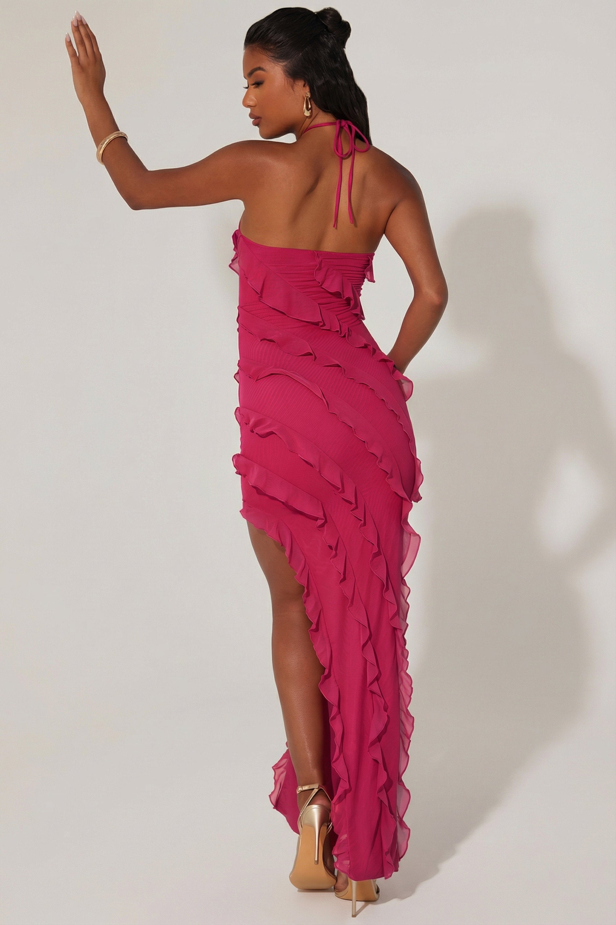 Nevali Bandeau Ruffle Detail Maxi Dress in Red