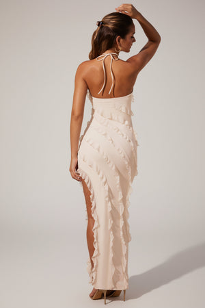 Oh Polly's Priscilla wearing the Calico Maxi Dress in Ivory Mesh fabric perfect for engagement celebrations