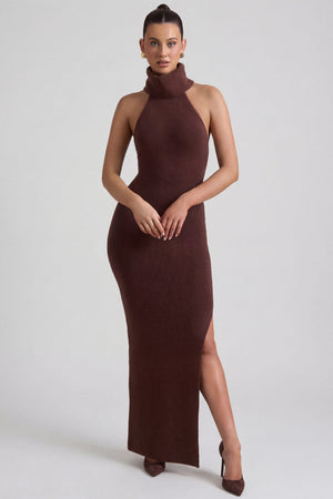 Oh Polly's Sarah wearing the Calissa Maxi Dress in Espresso Knitwear fabric perfect for evening cocktail parties