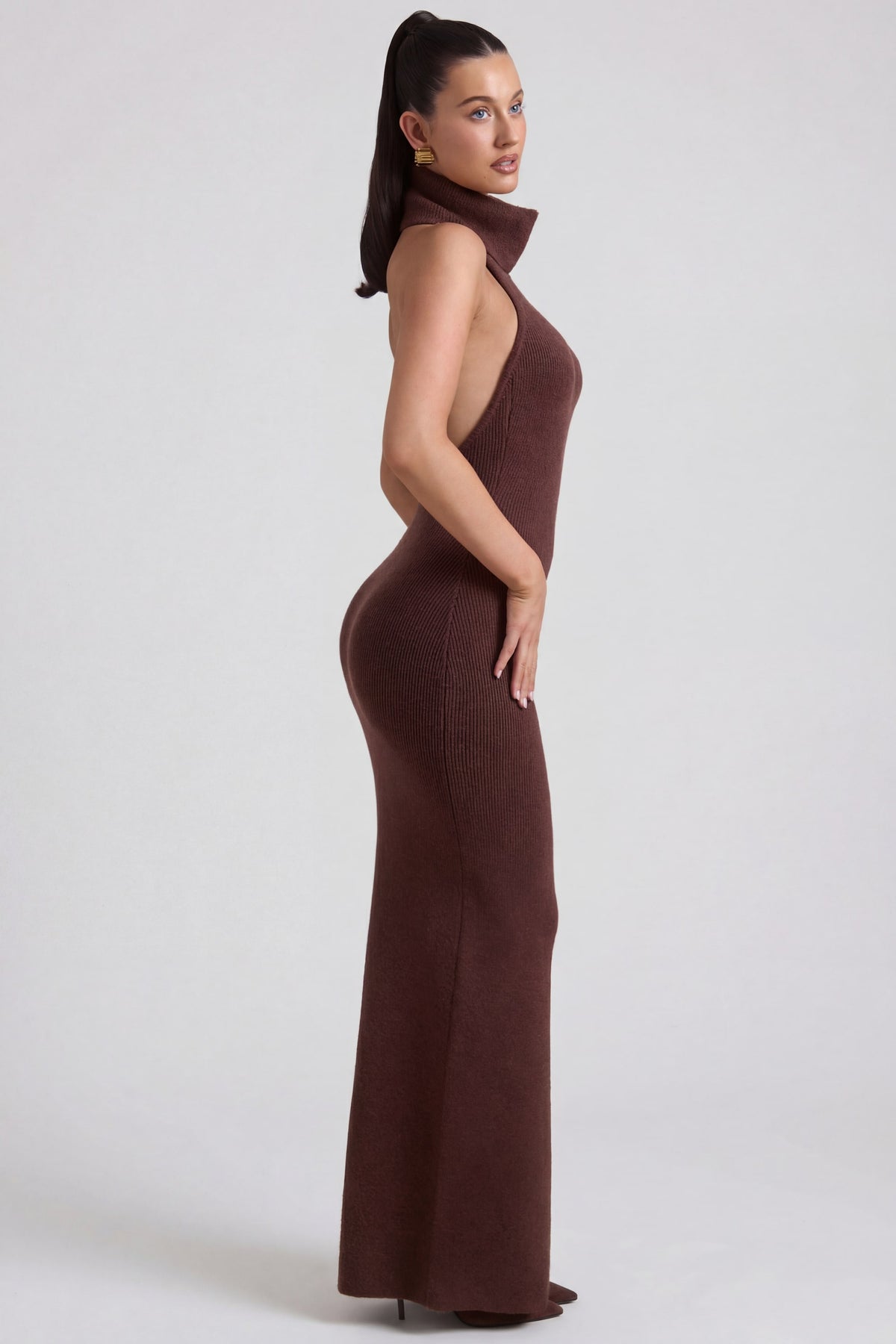Ribbed-Knit Turtleneck Backless Maxi Dress in Espresso