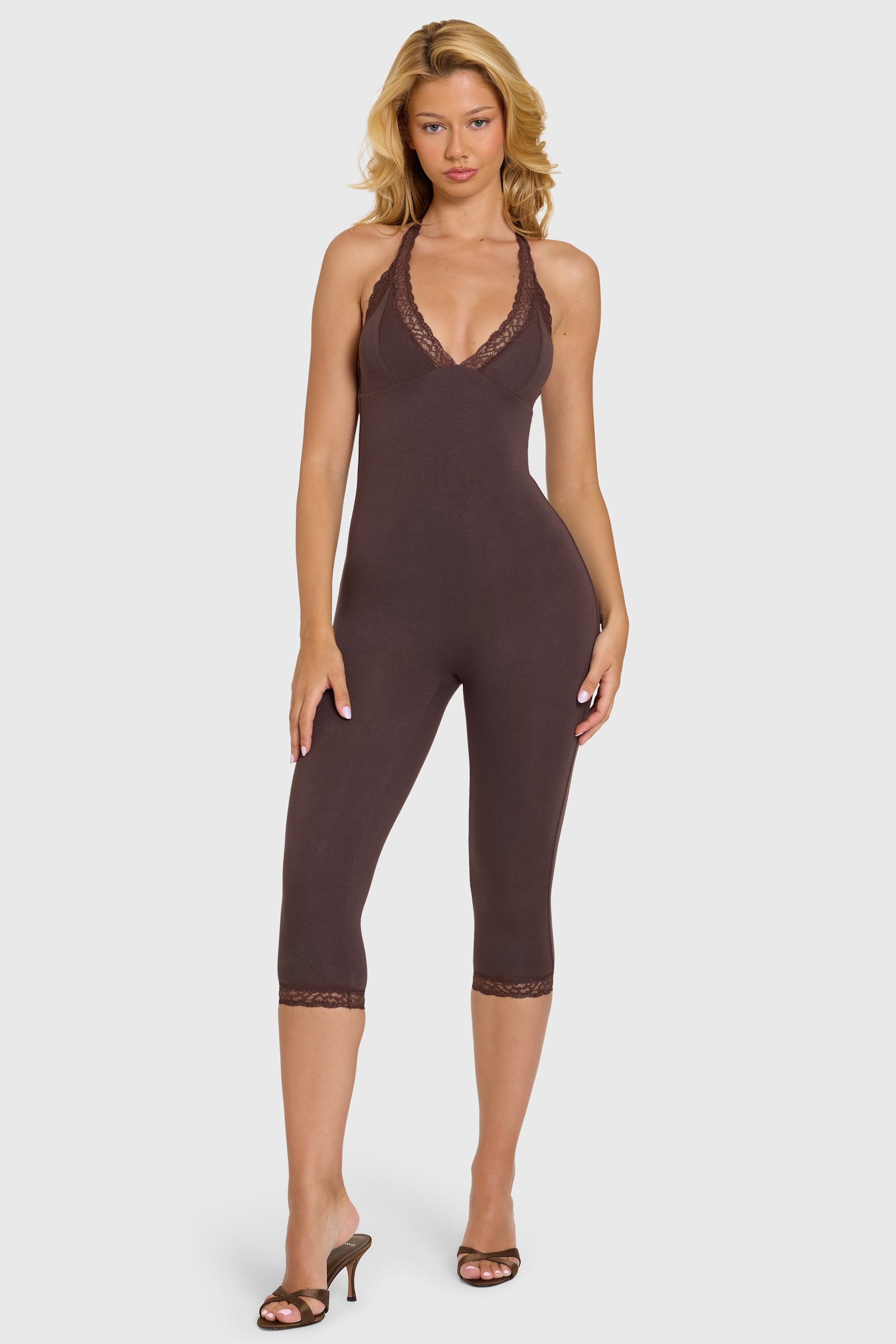 Modal Lace-Trim Capri Jumpsuit in Chocolate - 1
