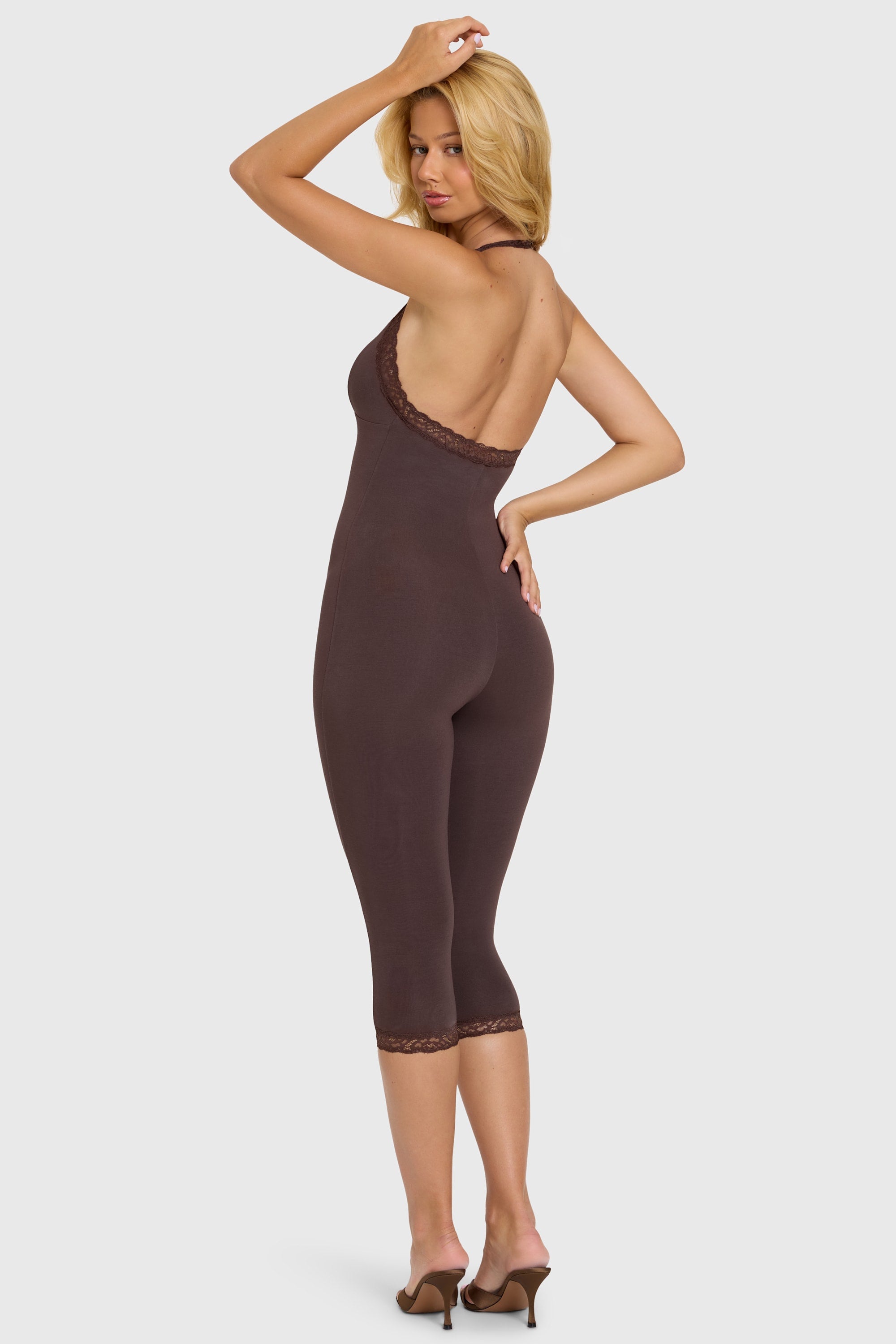 Modal Lace-Trim Capri Jumpsuit in Chocolate - 2