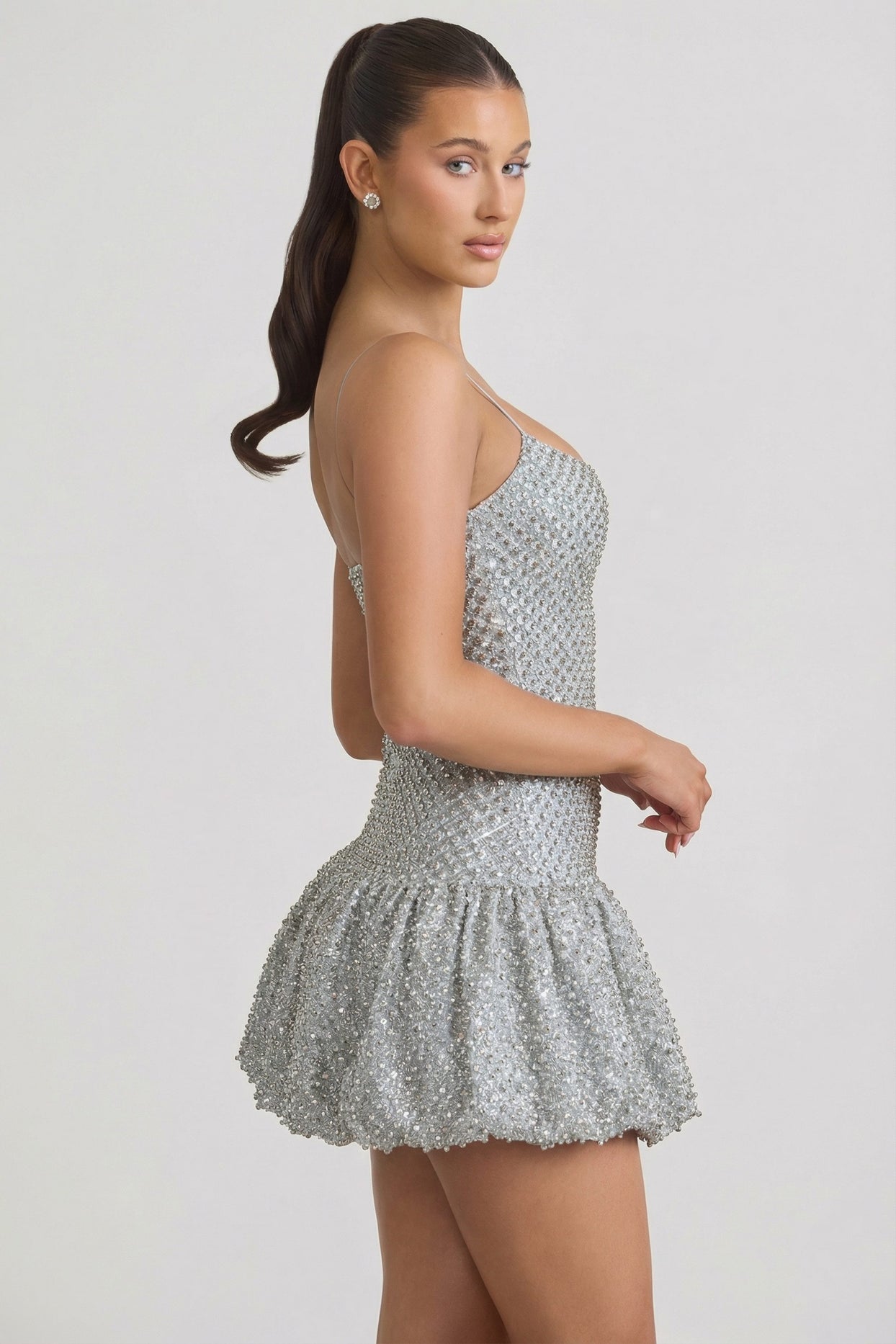 Embellished Bubble Hem Mini Dress in Silver - 6