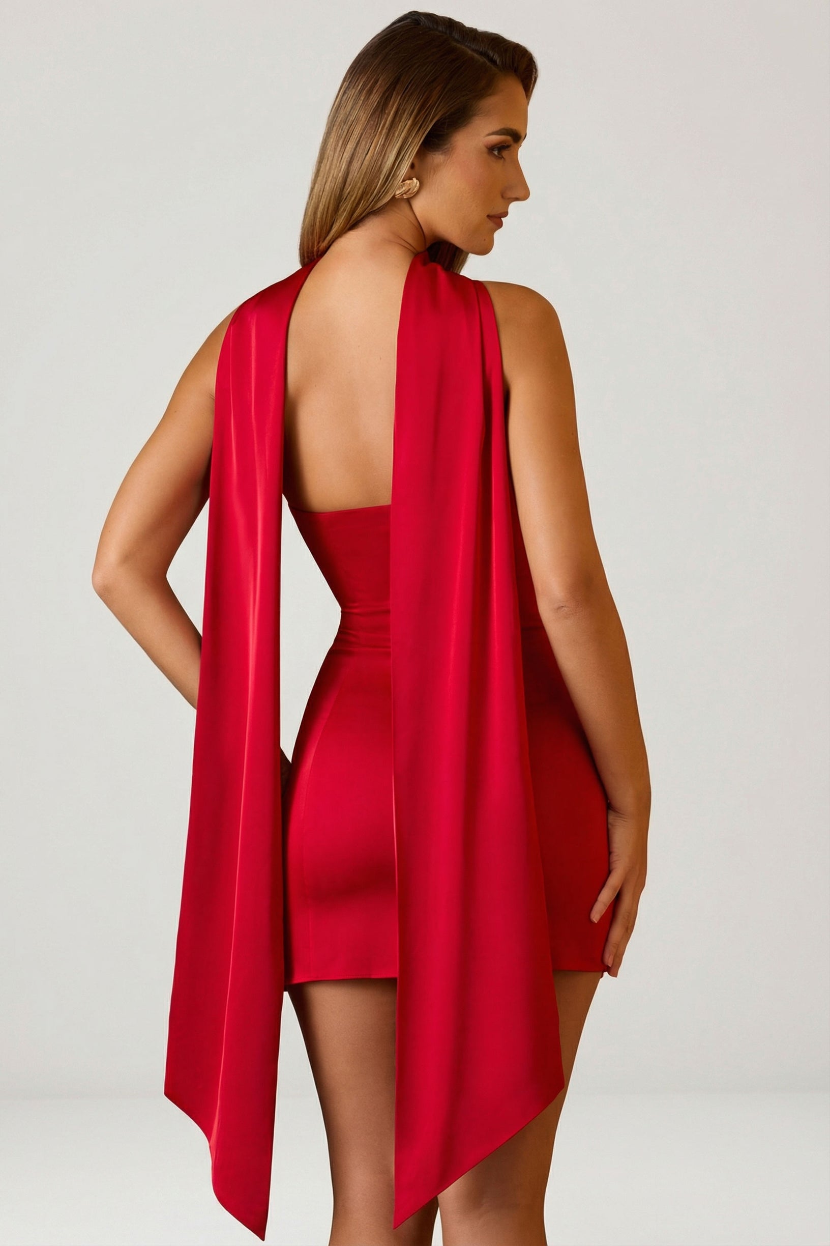 Scarf-Detail Strapless A-Line Mini Dress in Scarlet Red - 2