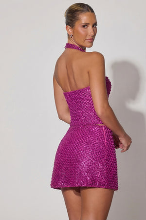 Embellished Halterneck Corset Top in Magenta