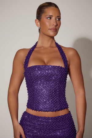 Embellished Halterneck Corset Top in Purple