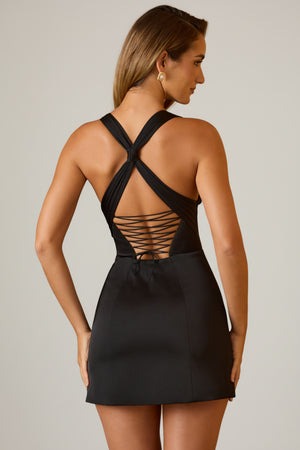 Halterneck Lace-Up A-Line Mini Dress in Black