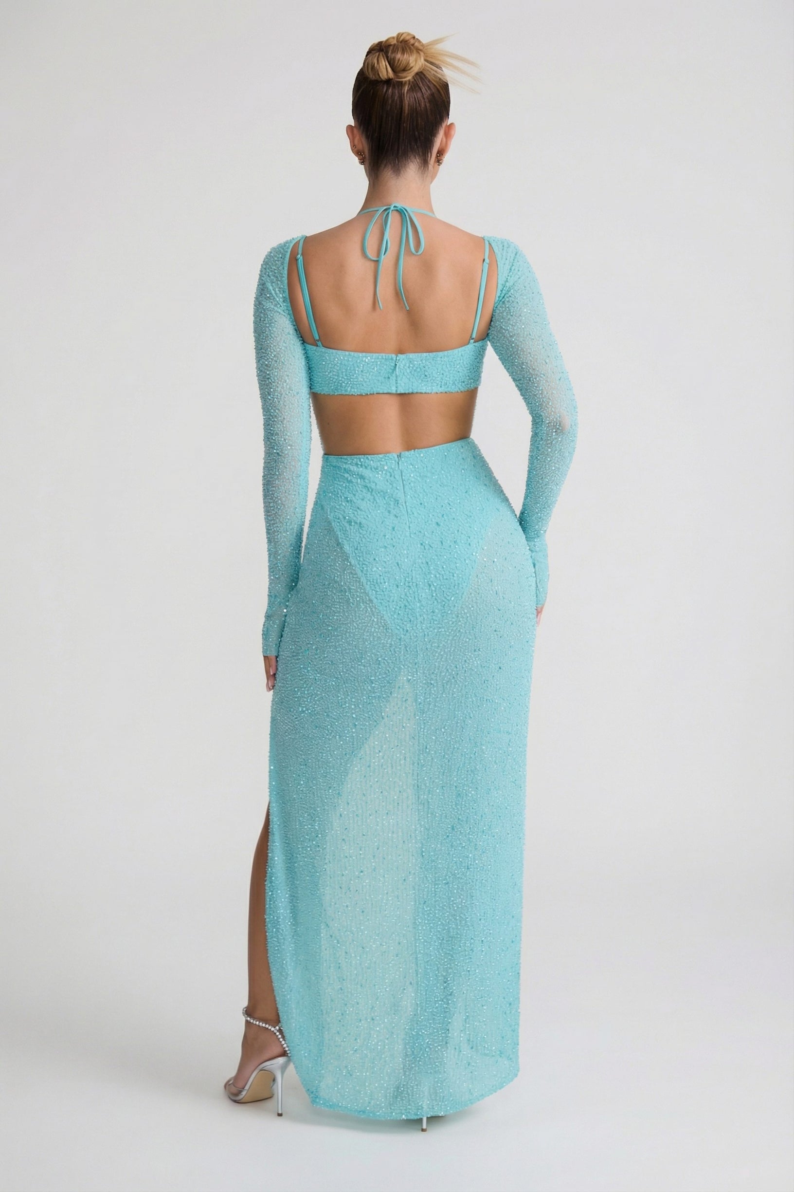 Embellished Cowl Neck Maxi Dress in Aquamarine - 2