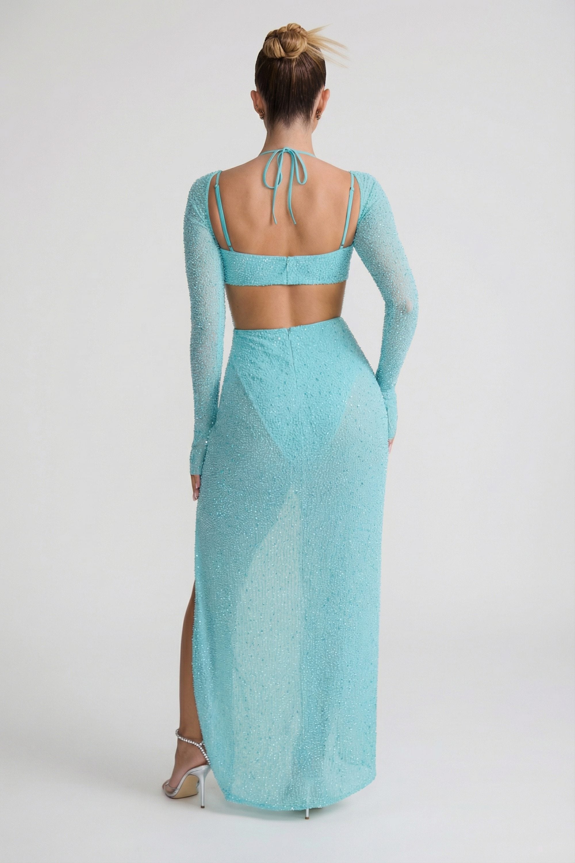 Embellished Cowl Neck Maxi Dress in Aquamarine