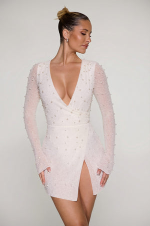 Chelsea Embellished Wrap Over A-Line Mini Dress in Ivory | Oh Polly Chelsea Embellished Wrap Over A-Line Mini Dress in Ivory | Oh Polly