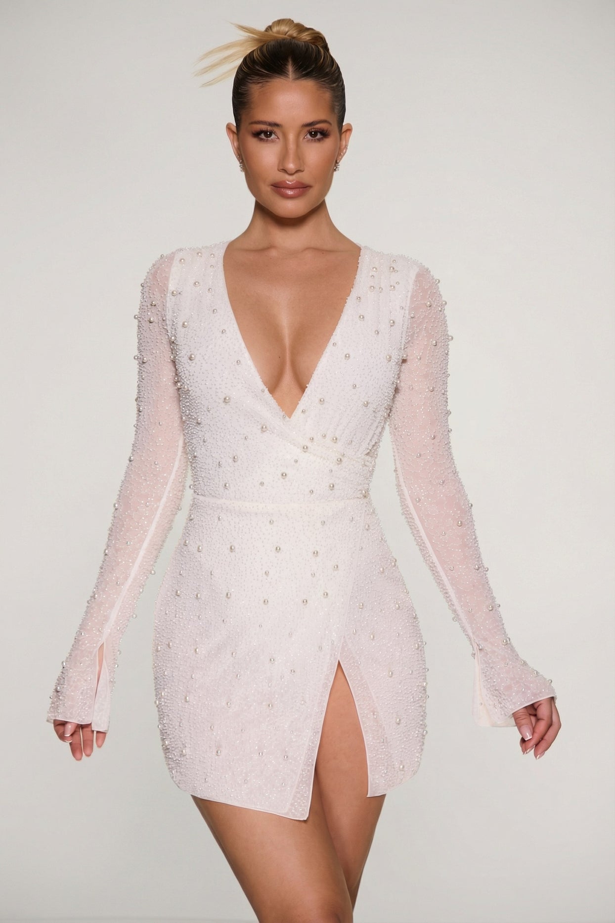 Embellished Wrap Over A-Line Mini Dress in Ivory - 3