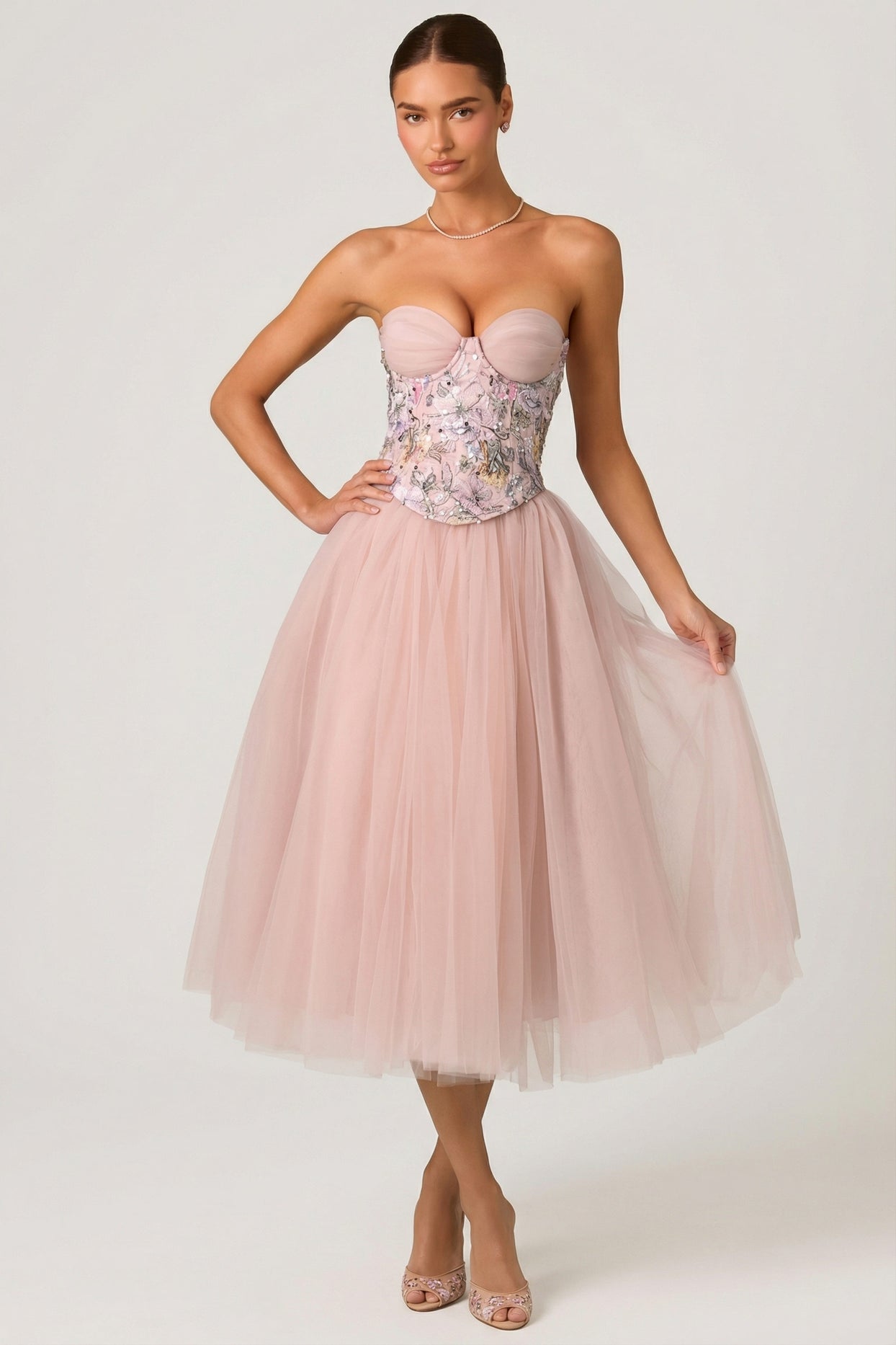 Tulle Corset Midaxi Dress in Dusty Rose - 5