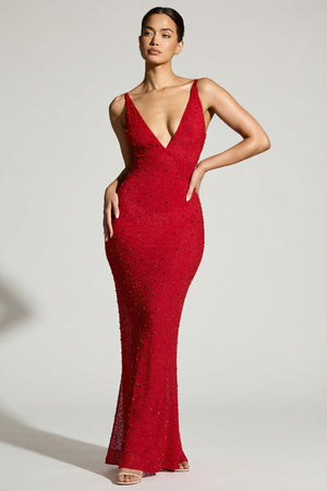 Oh Polly's Rona wearing the Colmar Gown Length Dress in Red Embellished fabric perfect for holiday parties