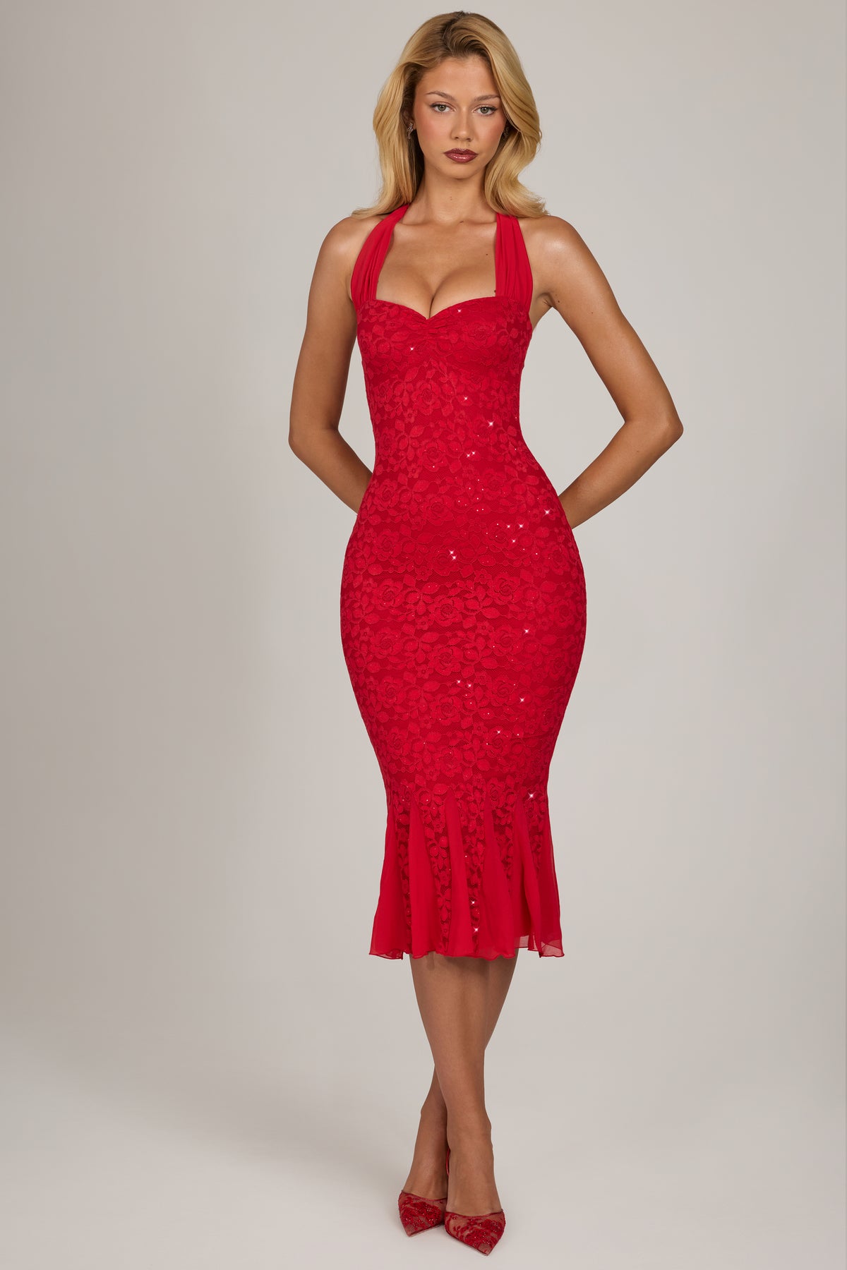 Sequin Lace Midaxi Dress in Scarlet Red