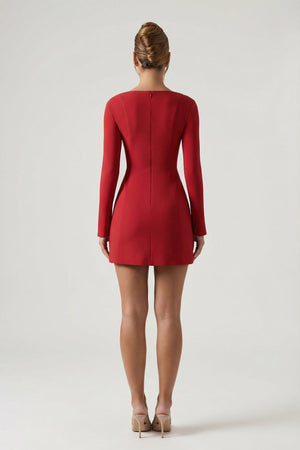 Sweetheart-Neck Long-Sleeve A-Line Mini Dress in Red