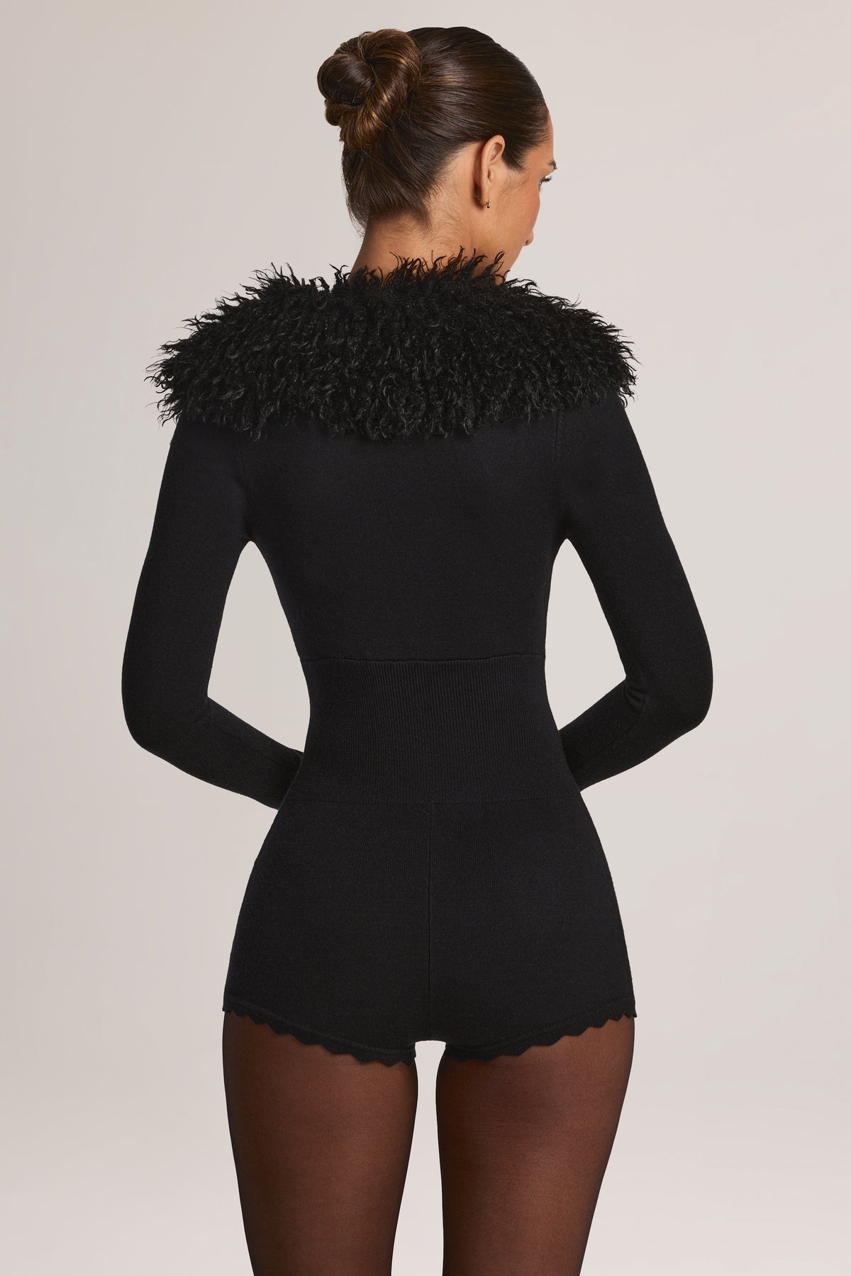 Mongolian Fur-Trim Romper in Black