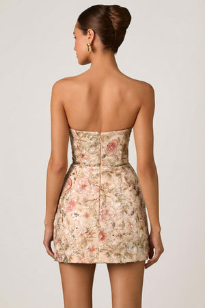 Embellished Strapless A-Line Mini Dress in Floral Beige
