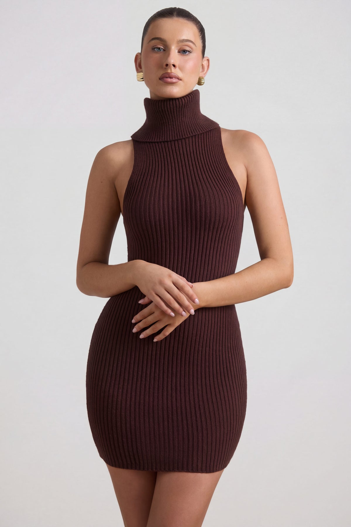 Ribbed-Knit Turtleneck Mini Dress in Espresso