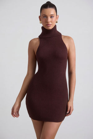 Oh Polly's Sarah wearing the Daiya Mini Dress in Espresso Knitwear fabric perfect for dinner dates