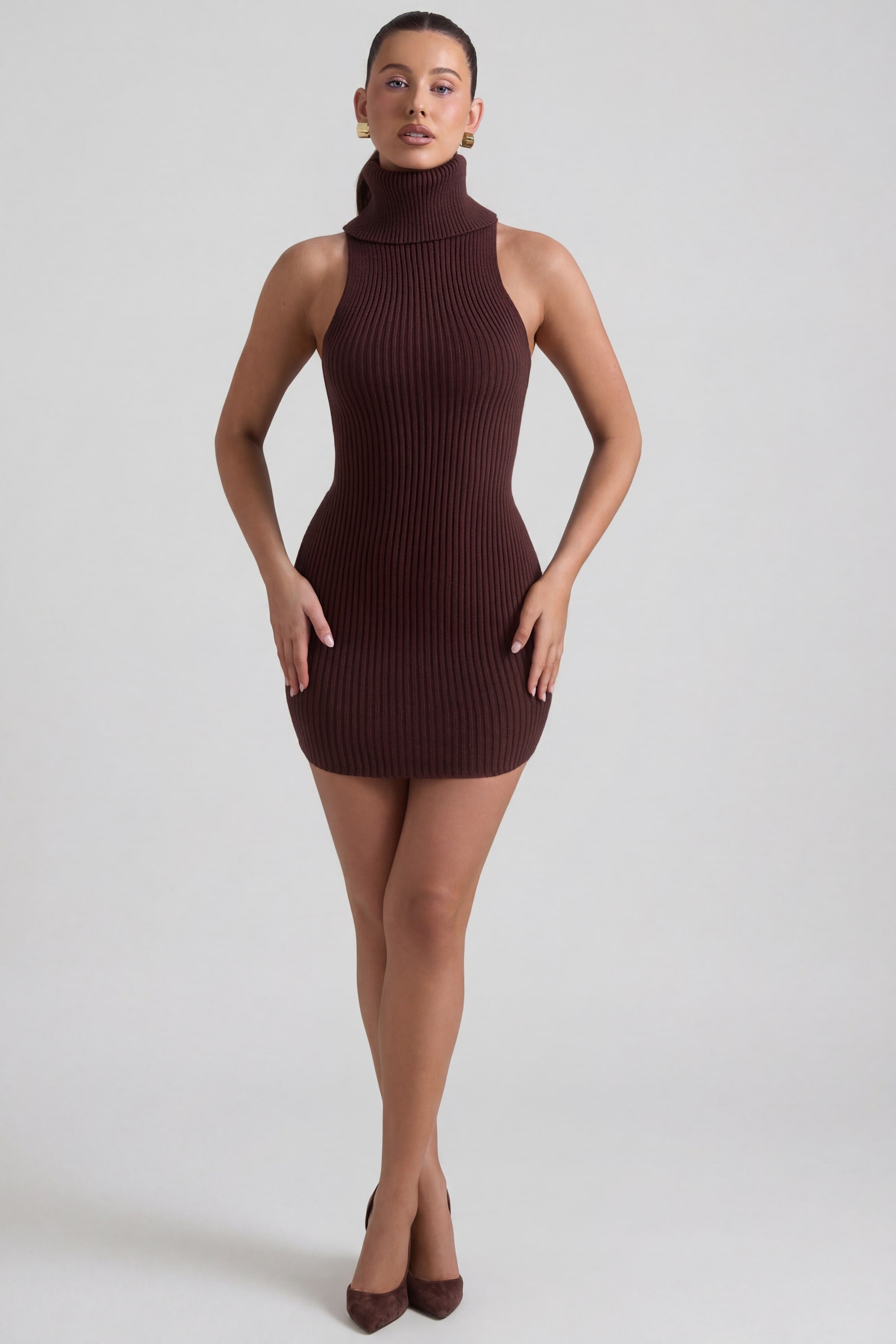 Ribbed-Knit Turtleneck Mini Dress in Espresso