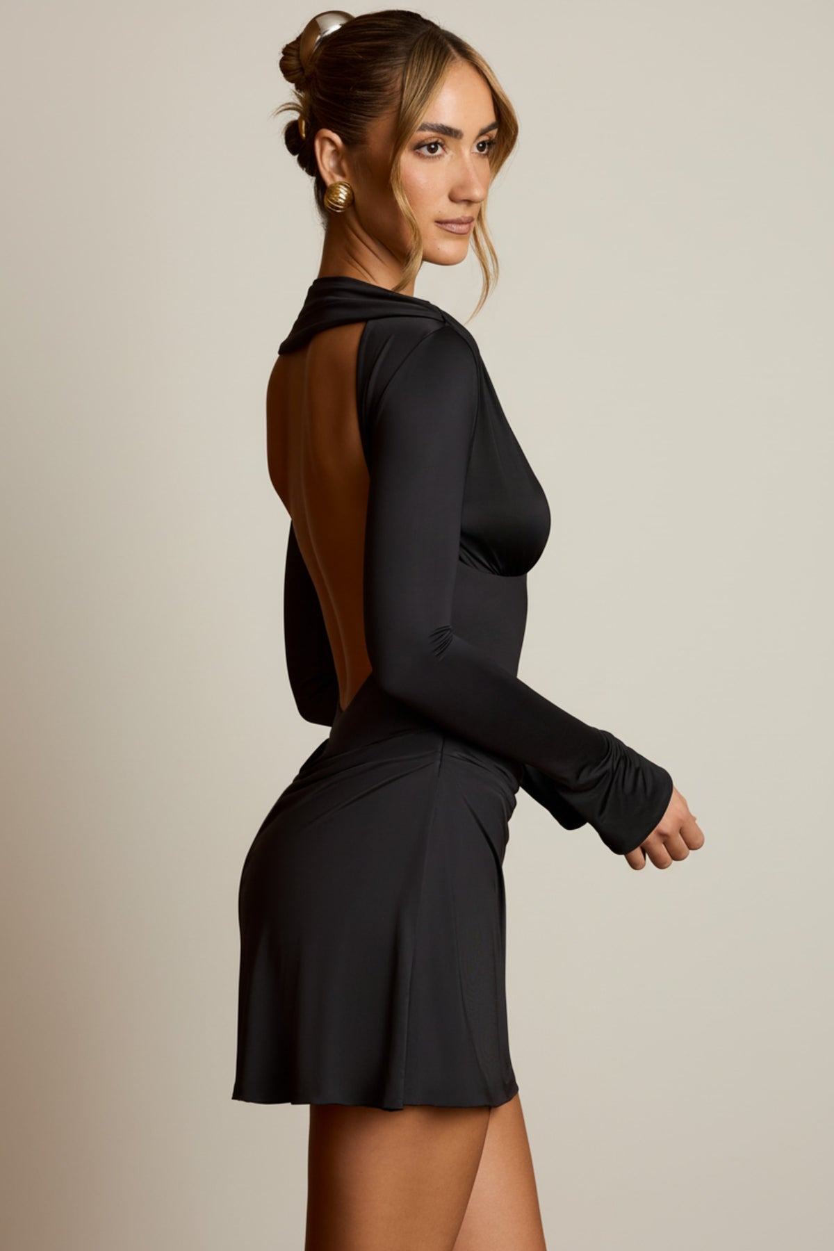 Open-Back Draped A-Line Mini Dress in Black