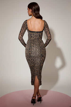 Layered Bra-Detail Ruched Midaxi Dress in Leopard Print