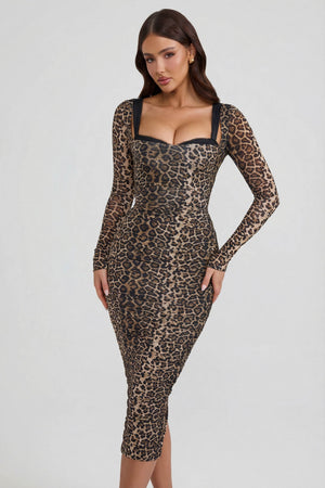 Deliana Layered Bra-Detail Ruched Midaxi Dress in Leopard Print