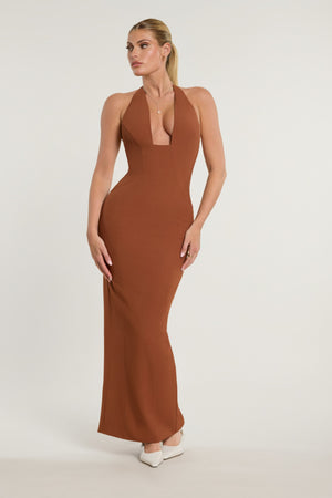 Oh Polly's Kiele wearing the Demeter Maxi Dress in Chestnut Brown Twill Suiting fabric perfect for autumn weddings