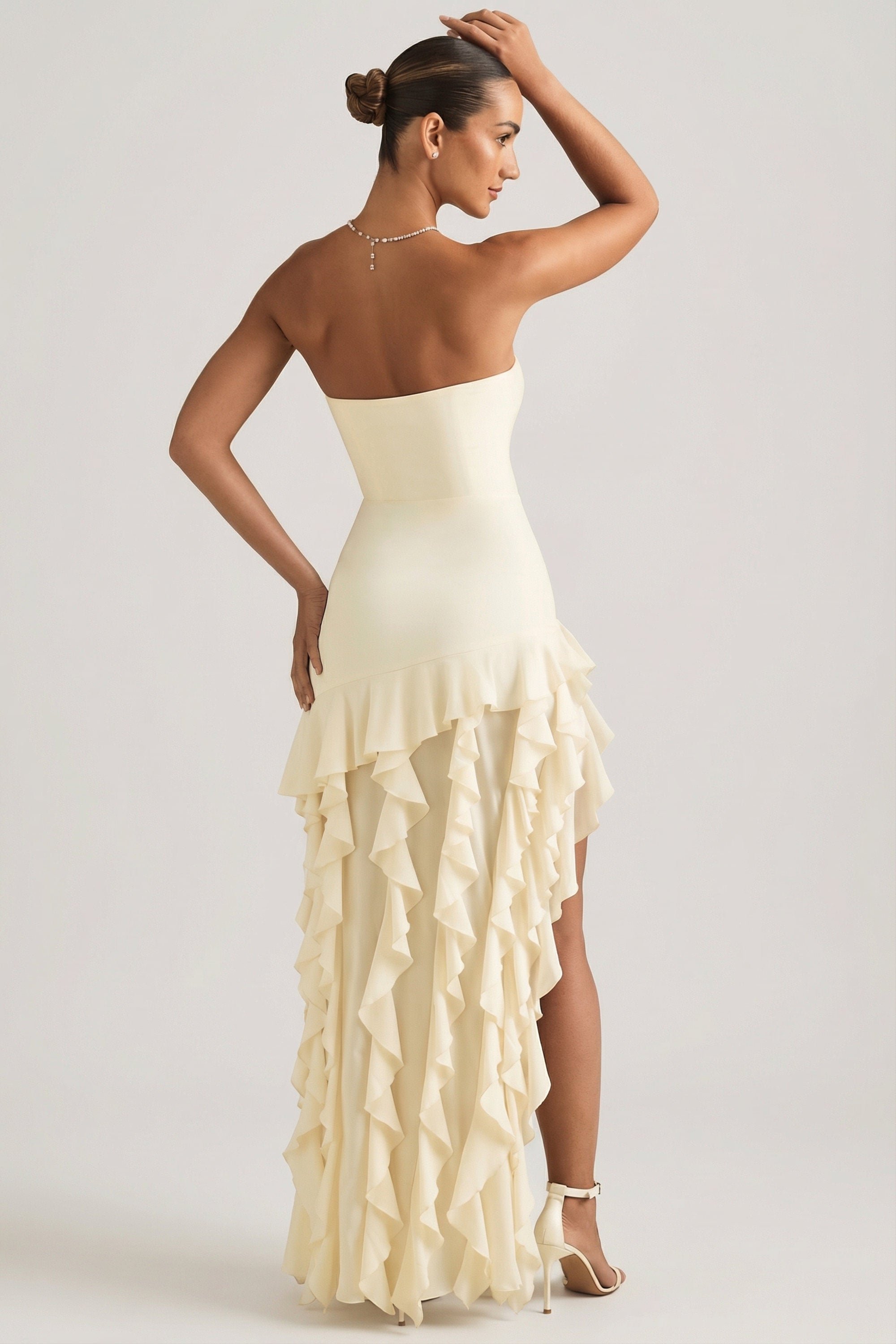 Ruffle-Trim Strapless Gown in Pearl