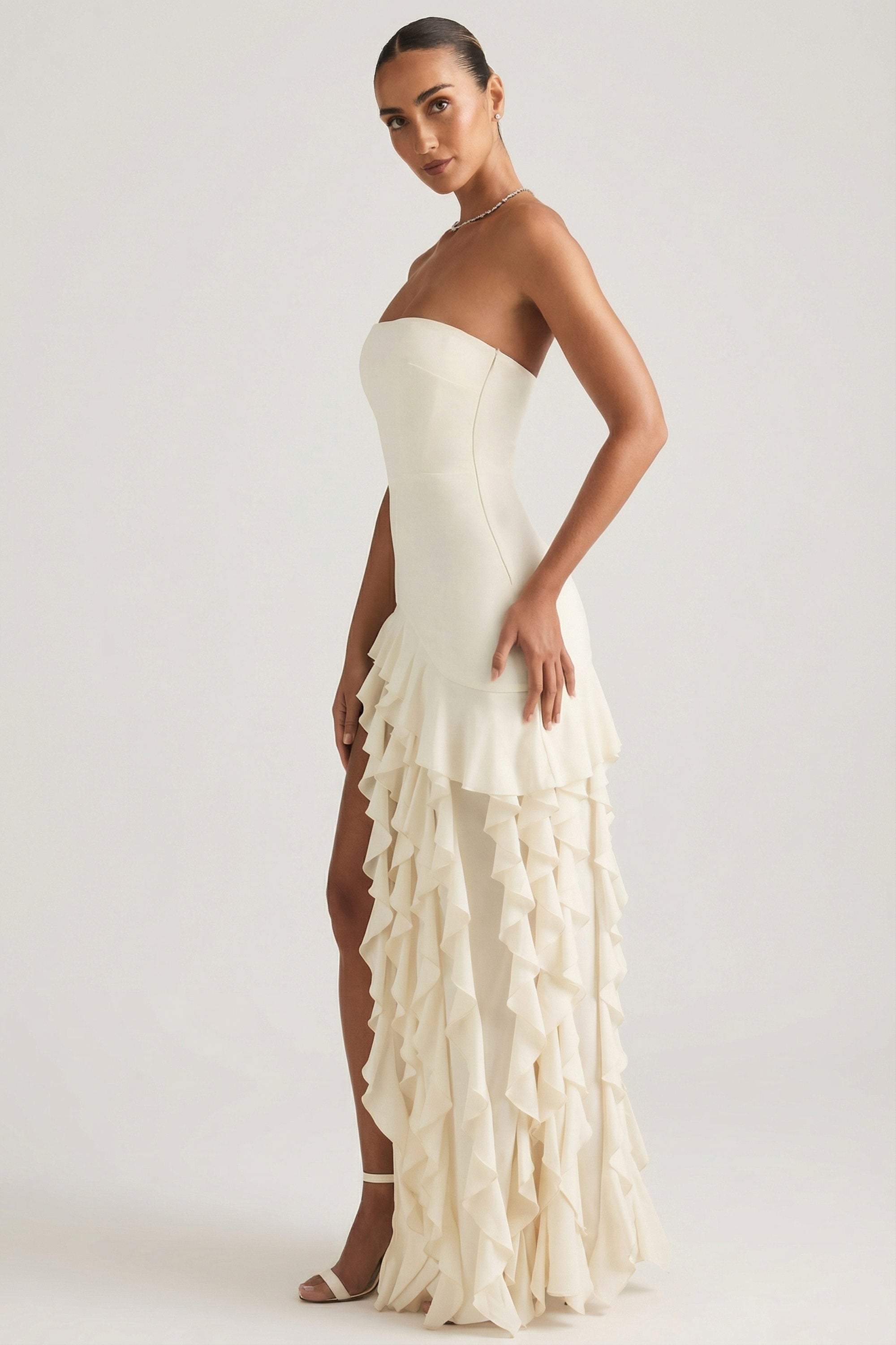 Ruffle-Trim Strapless Gown in Pearl