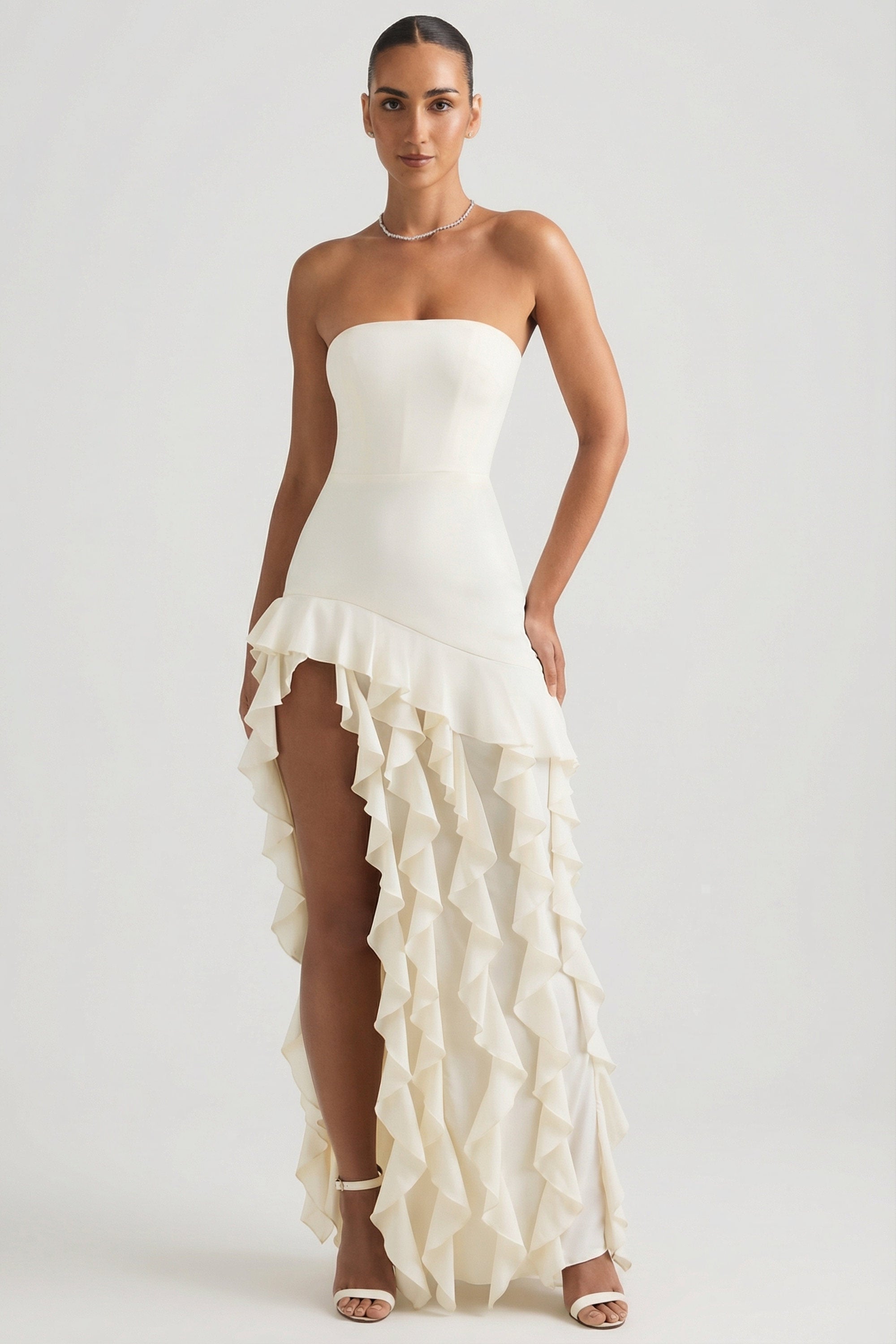 Nevali Bandeau Ruffle Detail Maxi Dress in Red