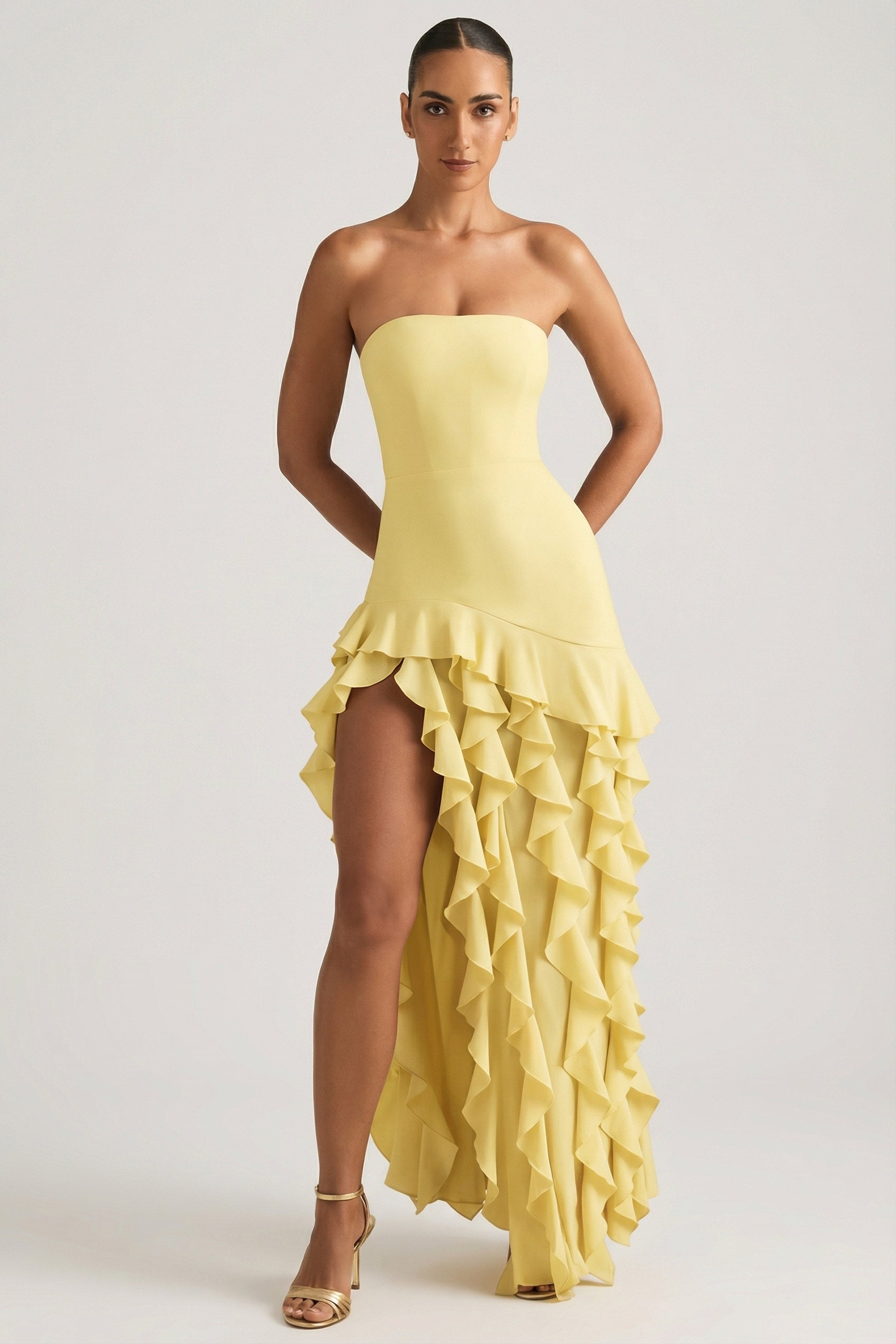 Ruffle-Trim Strapless Gown in Pastel Yellow - 1