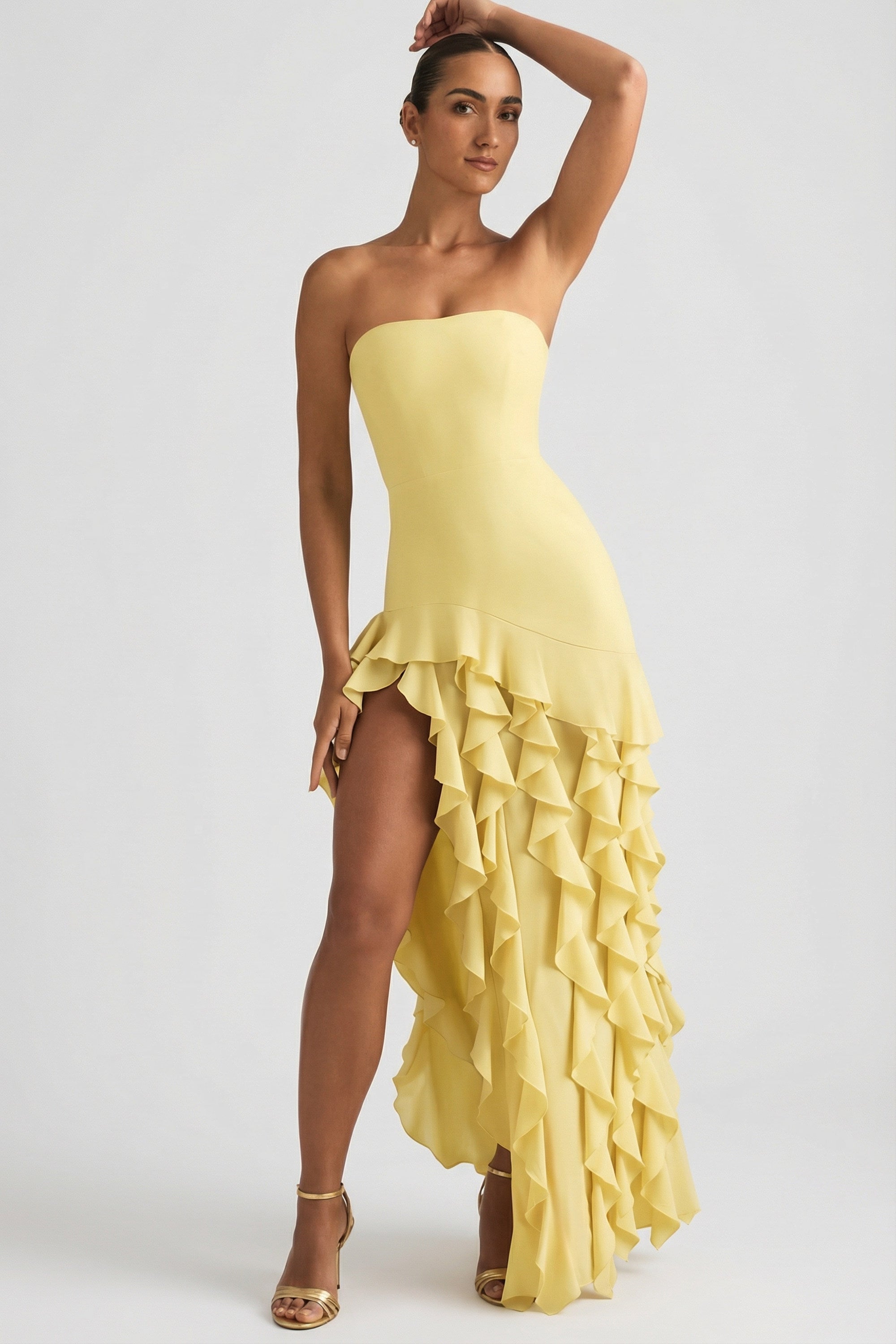 Diletta Ruffle-Trim Strapless Gown in Pastel Yellow