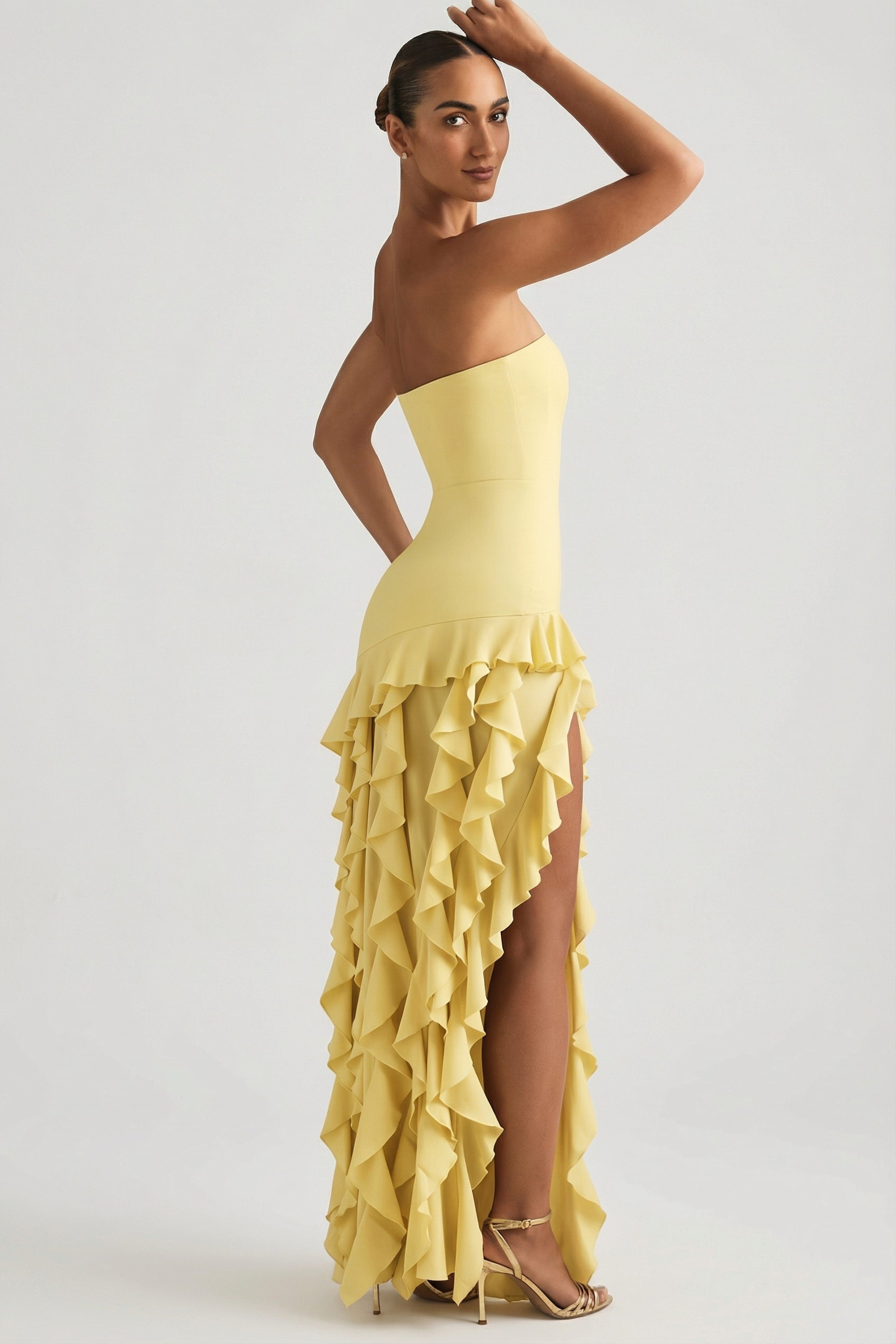 Ruffle-Trim Strapless Gown in Pastel Yellow - 2