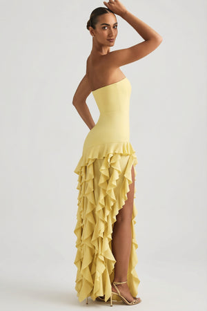 Ruffle-Trim Strapless Gown in Pastel Yellow