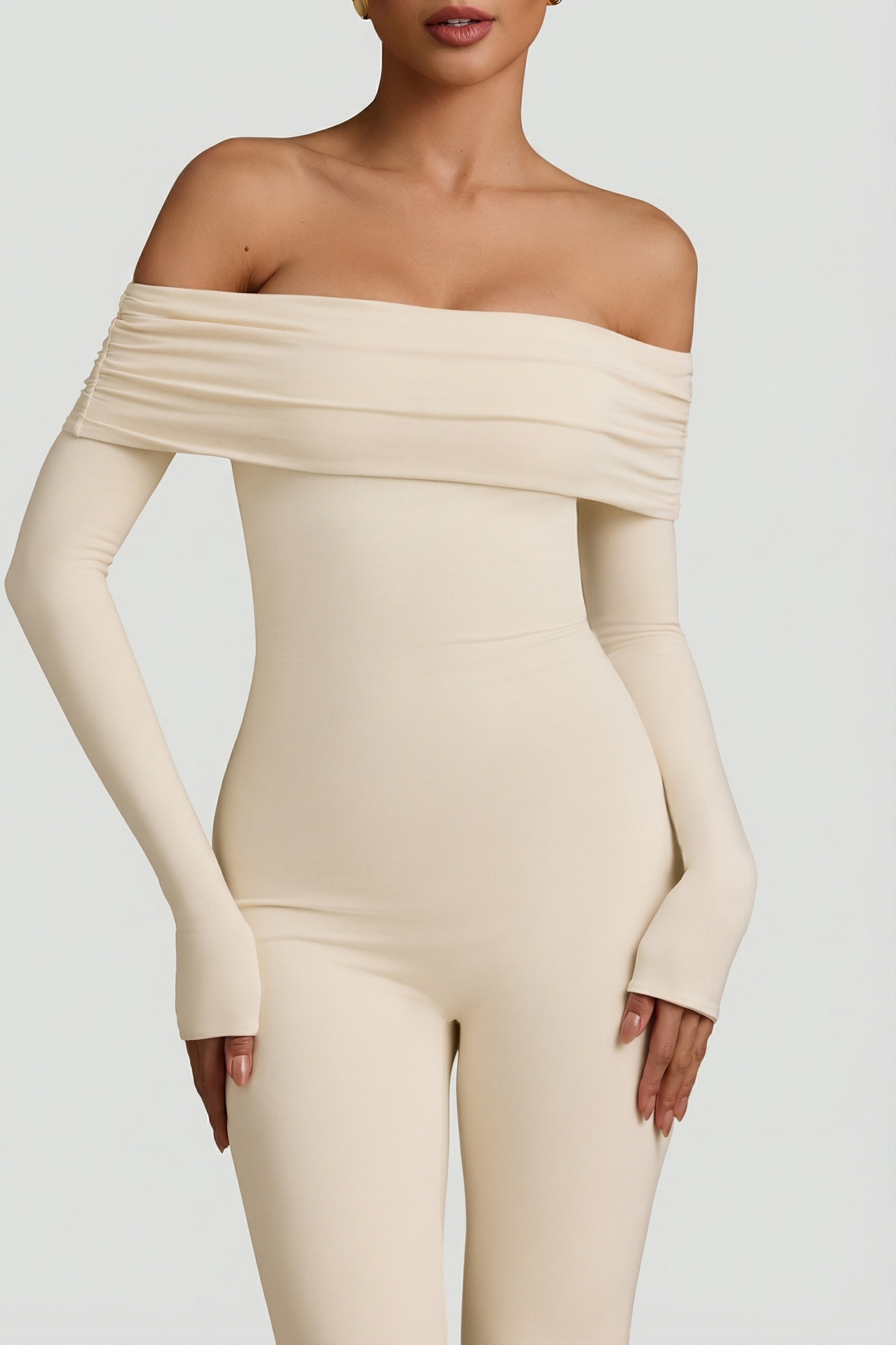 Modal Off-Shoulder Ruched Jumpsuit in Ivory