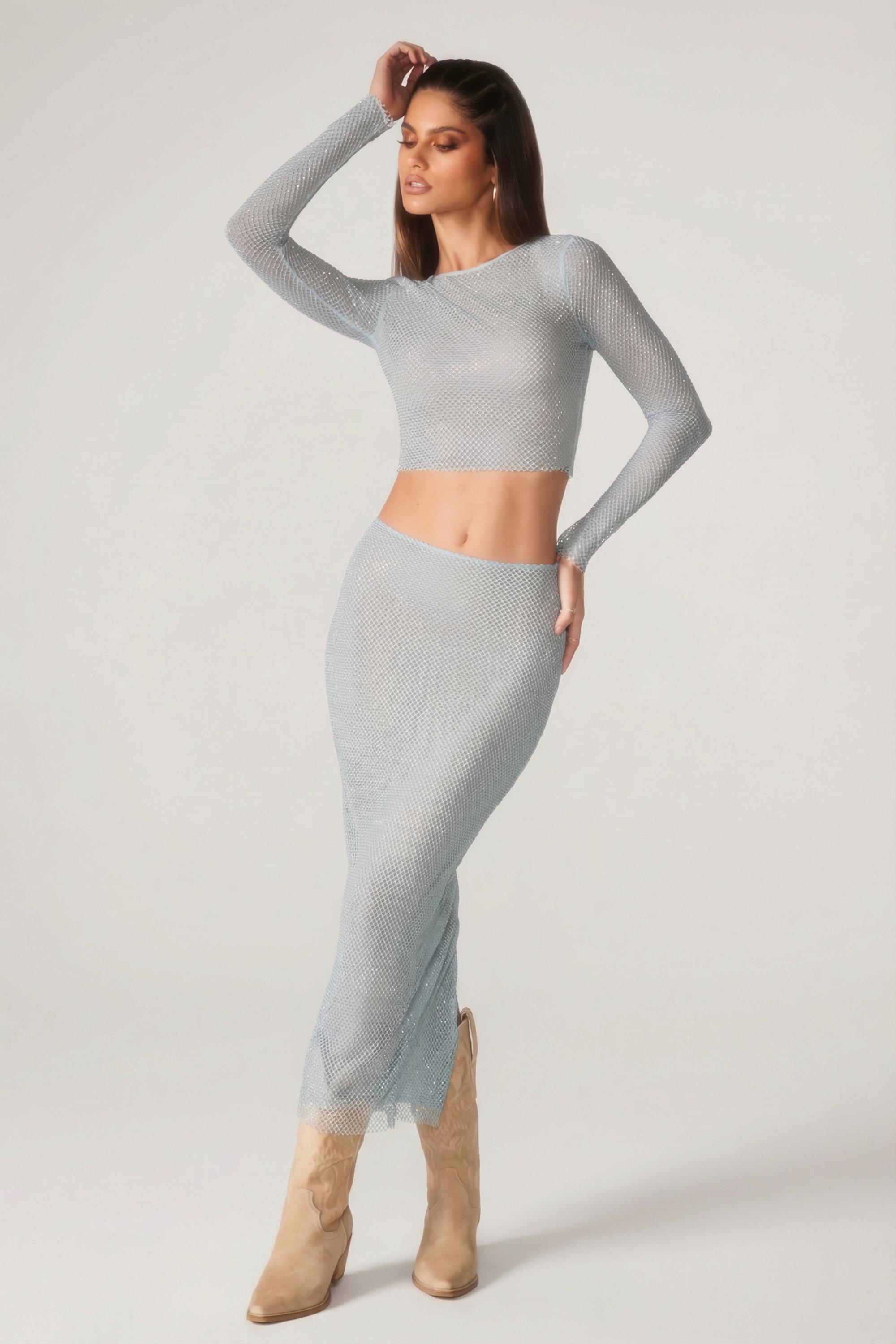 Embellished Long Sleeve Top in Aqua