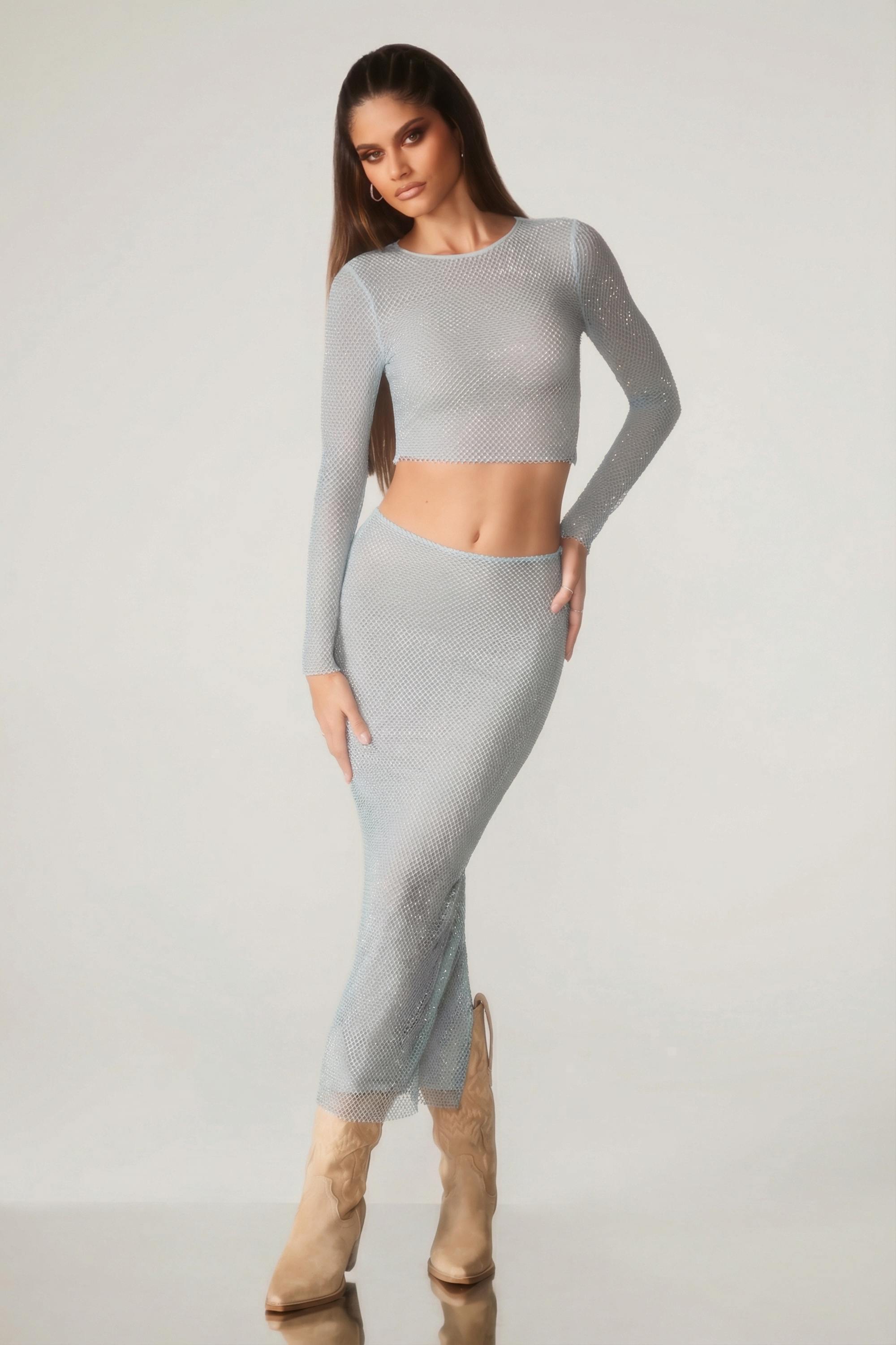 Embellished Long Sleeve Top in Aqua