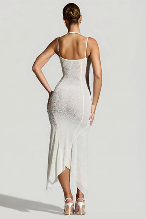 Oh Polly's Priscilla wearing the Dole Maxi Dress in White Embellished fabric perfect for summer garden parties