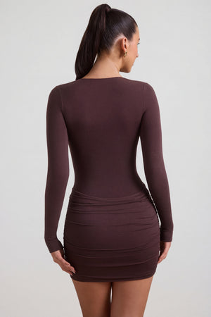 Oh Polly's Sarah wearing the Eilise Mini Dress in Espresso Modal Cashmere fabric perfect for a night out
